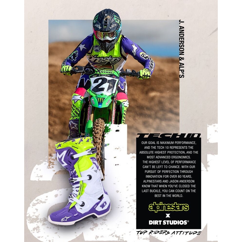 Buty motocyklowe Alpinestars TECH 10 edycja limitowana Dirt Studios fioletowo-biało-fluorescencyjno-żółte