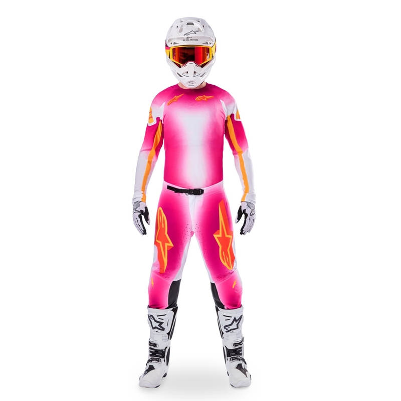 Spodnie motocrossowe Alpinestars Supertech Limited Edition MIG Fluo w kolorze różowo-biało-pomarańczowym
