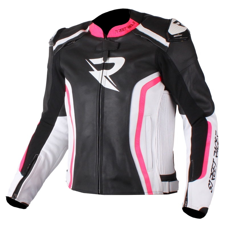 Damska kurtka motocyklowa Street Racer Adrianne czarno-biało-fluo różowa wyprzedaż