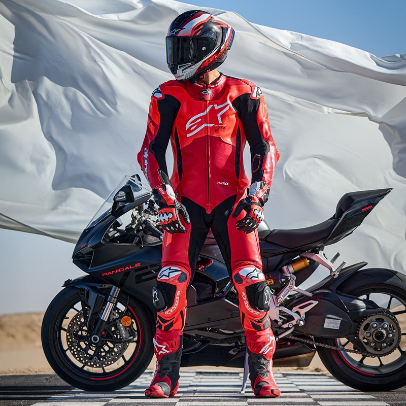 Alpinestars GP Plus V4 Sprint Jednoczęściowy skórzany kombinezon motocyklowy, kompatybilny z Tech-air, fluorescencyjny czerwony-czerwony-biały-czarny