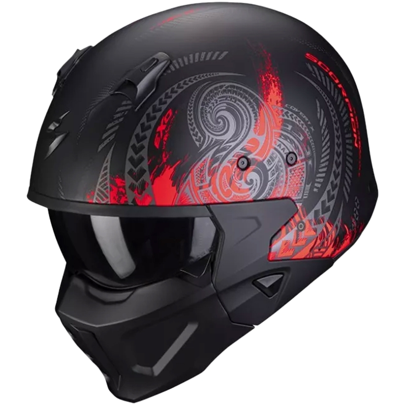 Otwarty hełm z maską SCORPION COVERT-X TATTOO matowy czarno-czerwony