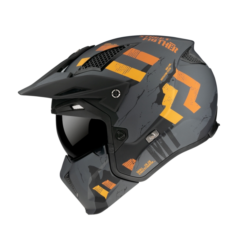 Kask otwarty z maską MT Streetfighter Skull 2020 szaro-pomarańczowy z wizjerem irydowym