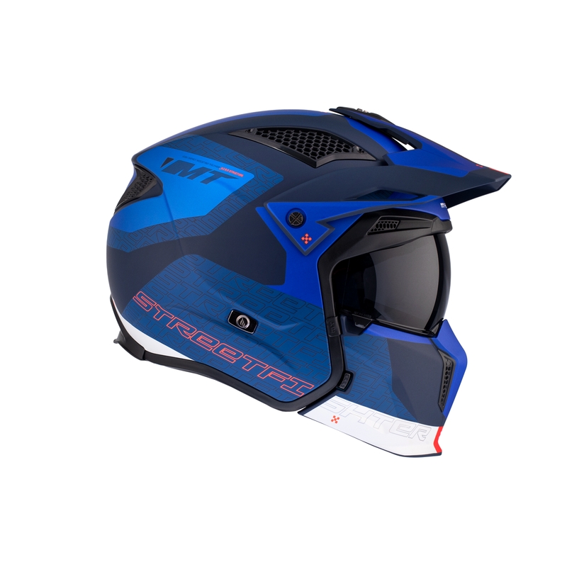 Kask otwarty z maską MT Streetfighter SV Totem C17 biało-niebieski z wizjerem irydowym
