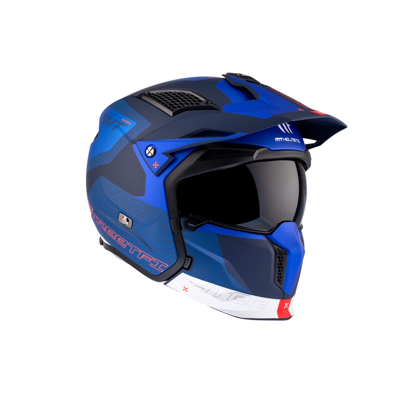 Kask otwarty z maską MT Streetfighter SV Totem C17 biało-niebieski z wizjerem irydowym