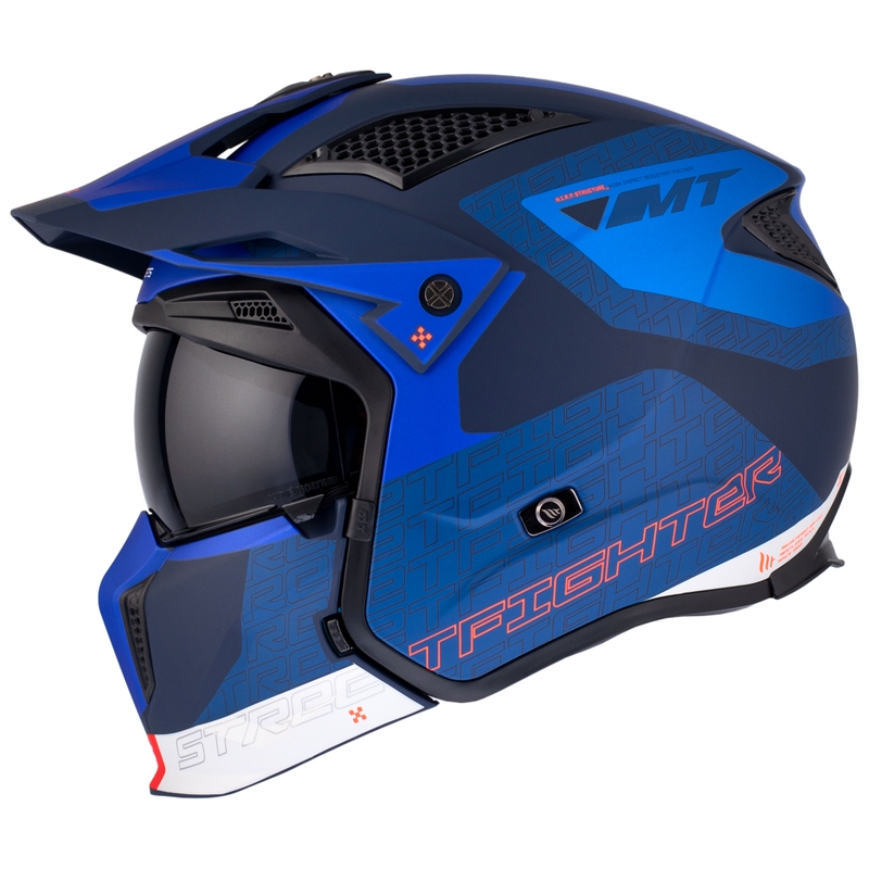 Kask otwarty z maską MT Streetfighter SV Totem C17 biało-niebieski z wizjerem irydowym