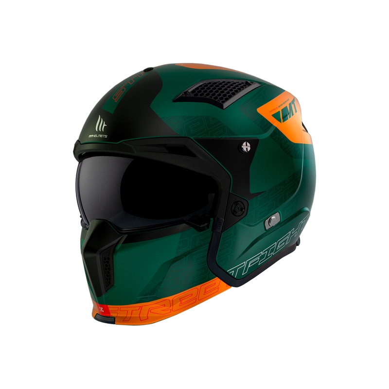 Kask otwarty z maską MT Streetfighter SV Totem C6 czarno-pomarańczowo-zielony z pleksiglasem irydowym