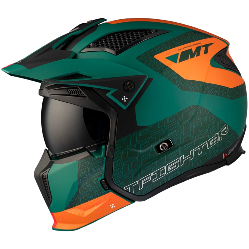 Kask otwarty z maską MT Streetfighter SV Totem C6 czarno-pomarańczowo-zielony z pleksiglasem irydowym