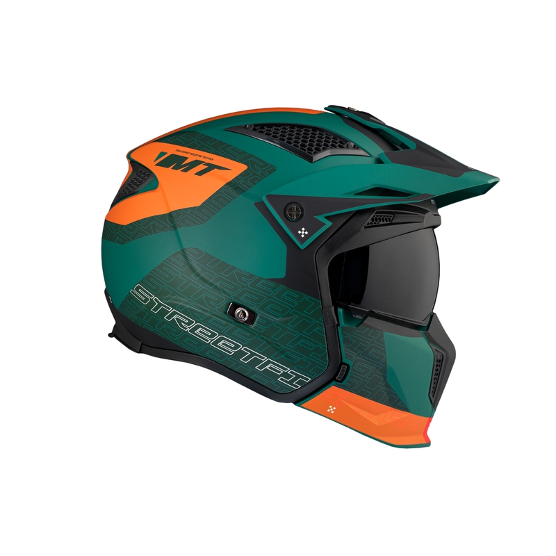 Kask otwarty z maską MT Streetfighter SV Totem C6 czarno-pomarańczowo-zielony z pleksiglasem irydowym