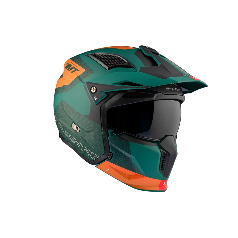Kask otwarty z maską MT Streetfighter SV Totem C6 czarno-pomarańczowo-zielony z pleksiglasem irydowym