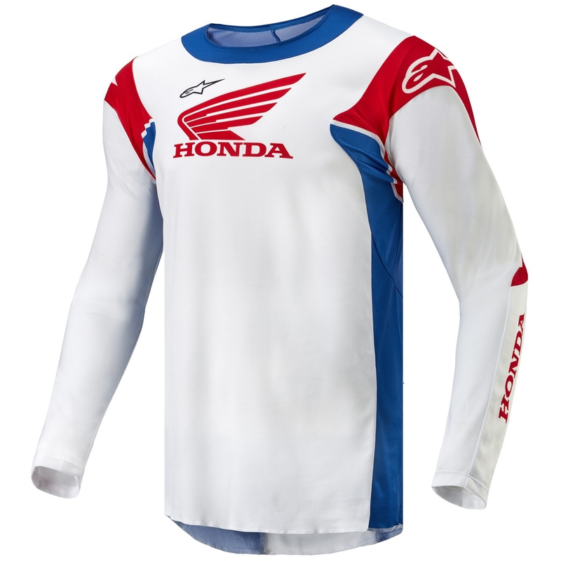Koszulka motocrossowa Alpinestars Racer Iconic Honda z kolekcji biało-niebiesko-czerwono-czarnej