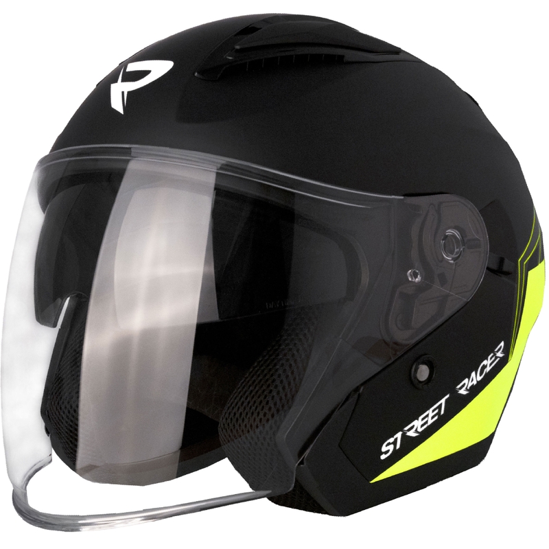 Otwarty kask motocyklowy Street Racer Sonic matowy czarny-fluo żółty - II. jakość