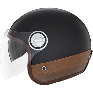 Kask motocyklowy NOX PREMIUM Heritage otwarty, czarny matowy z brązową skórą