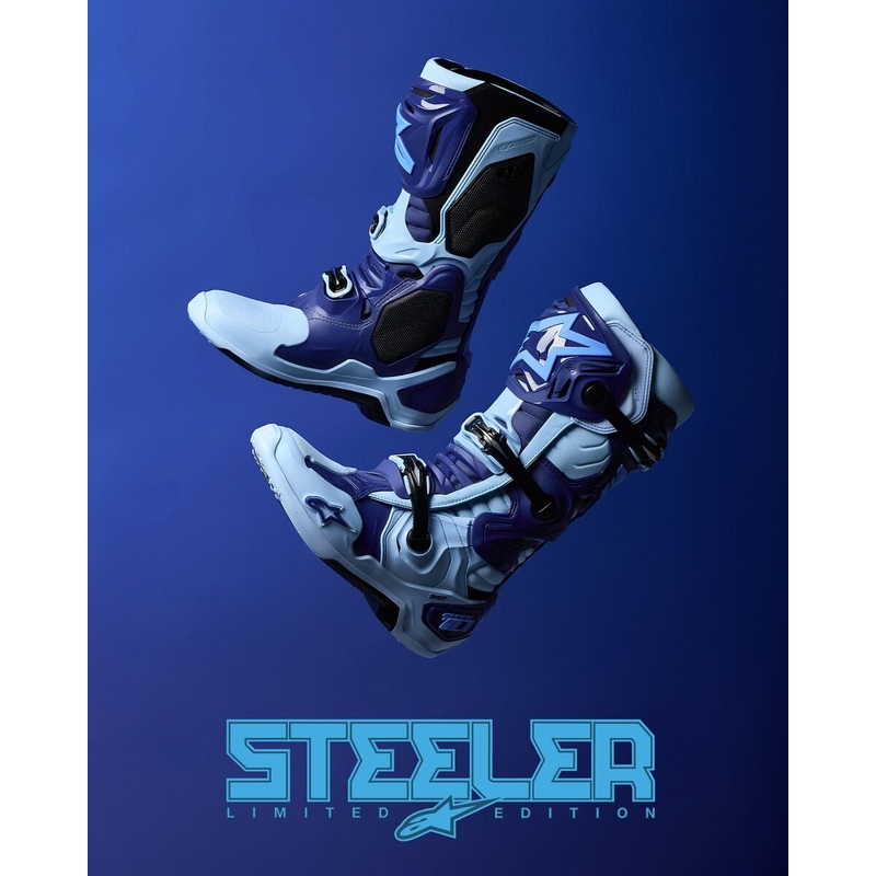 Buty motocyklowe Alpinestars Tech 10 Limited Edition Steelers w kolorze niebiesko-jasnoniebieskim