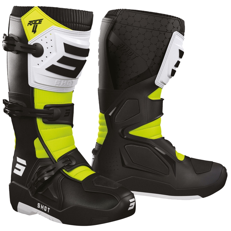 Buty motocyklowe Shot Race 4 czarno-biało-fluo-żółte