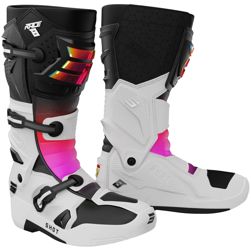 Shot Race 8 Holograficzne biało-czarno-różowe buty motocrossowe