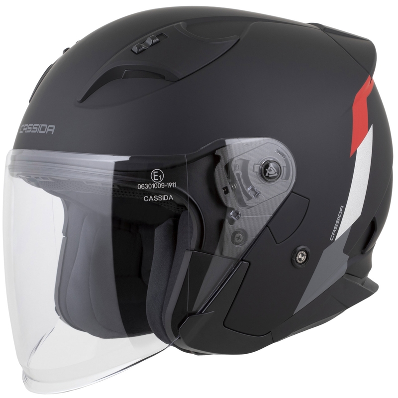 Kask motocyklowy Cassida Reflex 2.0 Safety otwarty matowy czarno-czerwono-szary-srebrny odblaskowy