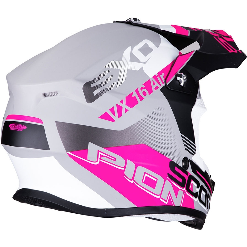 Motokrosowy kask Scorpion VX-16 Air Arhus srebrno-czarno-różowy