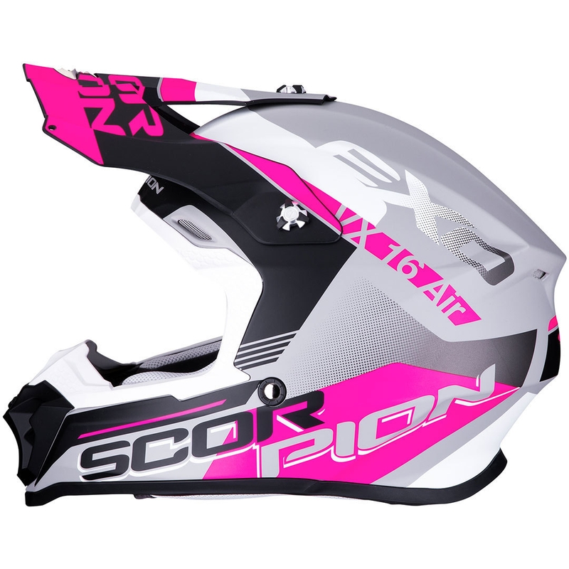 Motokrosowy kask Scorpion VX-16 Air Arhus srebrno-czarno-różowy