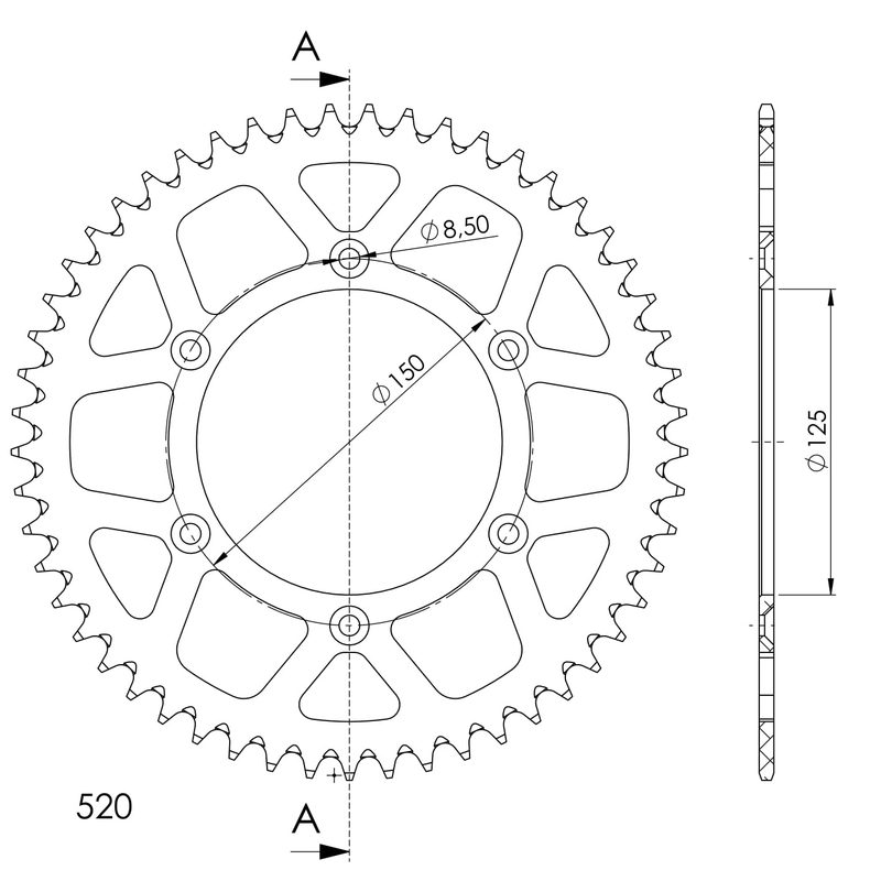 Rear ALU sprocket SUPERSPROX black 54T, 520