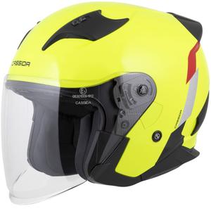 Kask motocyklowy otwarty Cassida Reflex 2.0 Safety w kolorze fluorescencyjnym, żółto-czerwono-szarym i odblaskowym srebrnym