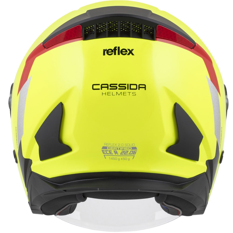 Kask motocyklowy otwarty Cassida Reflex 2.0 Safety w kolorze fluorescencyjnym, żółto-czerwono-szarym i odblaskowym srebrnym