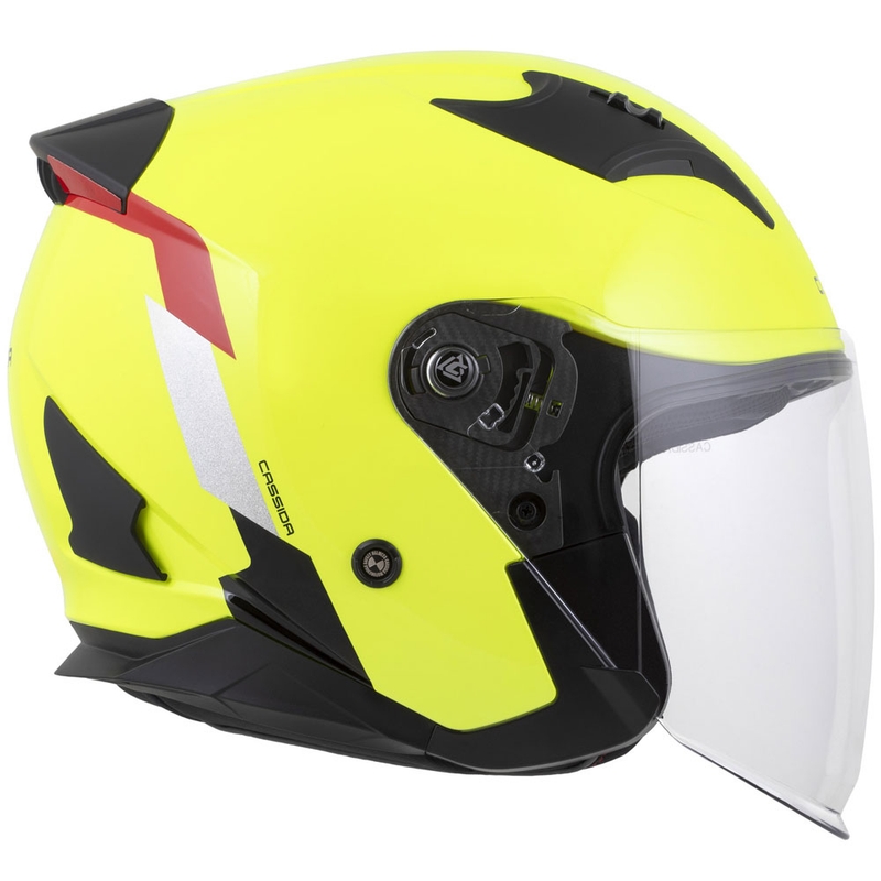 Kask motocyklowy otwarty Cassida Reflex 2.0 Safety w kolorze fluorescencyjnym, żółto-czerwono-szarym i odblaskowym srebrnym