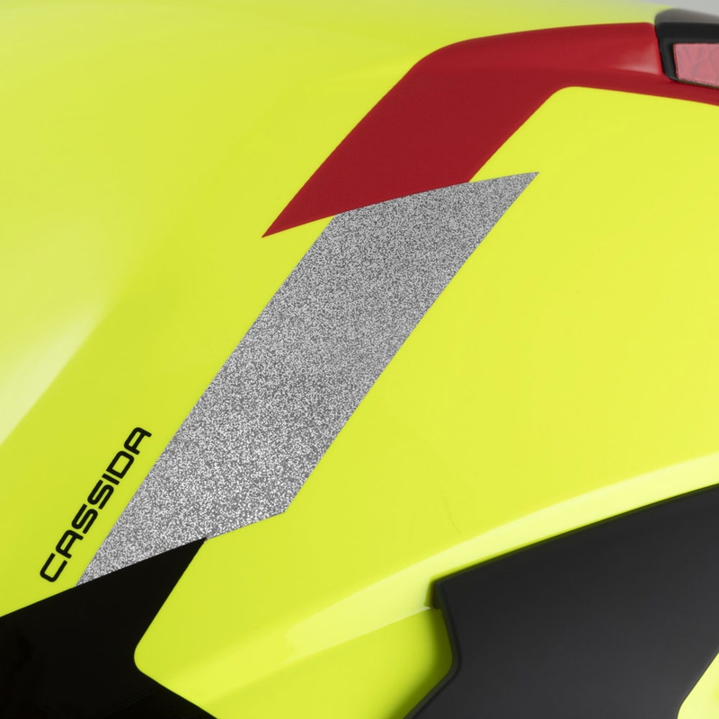 Kask motocyklowy otwarty Cassida Reflex 2.0 Safety w kolorze fluorescencyjnym, żółto-czerwono-szarym i odblaskowym srebrnym