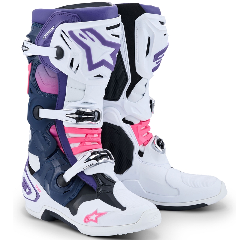 Buty motocyklowe Alpinestars Tech 10 biało-fioletowo-niebiesko-fluo-różowe