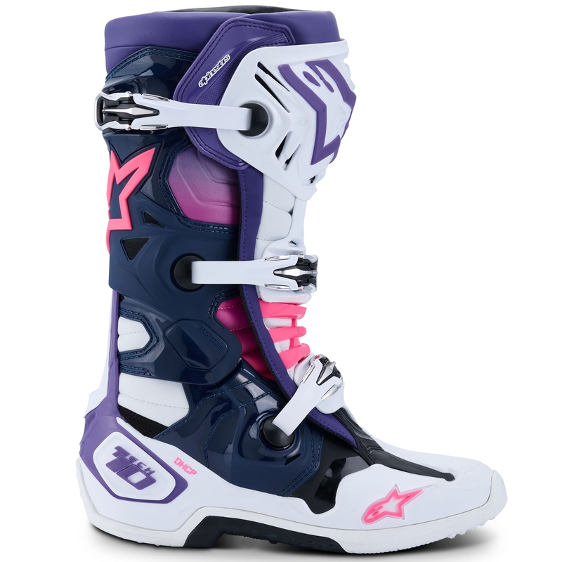 Buty motocyklowe Alpinestars Tech 10 biało-fioletowo-niebiesko-fluo-różowe