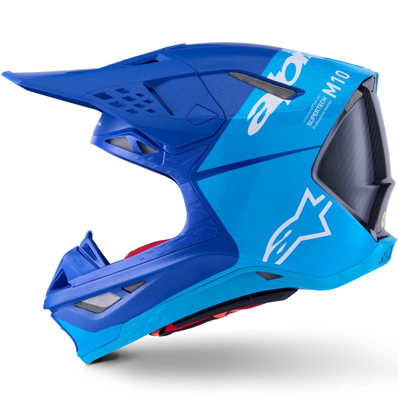 Kask motocrossowy Alpinestars Supertech S-M10 Flood w kolorze niebiesko-perłowo-jasnoniebieskim-czarnym-karbonowym-matowo-błyszczącym