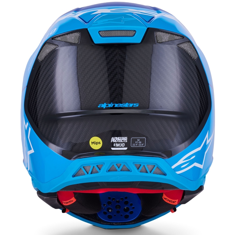 Kask motocrossowy Alpinestars Supertech S-M10 Flood w kolorze niebiesko-perłowo-jasnoniebieskim-czarnym-karbonowym-matowo-błyszczącym