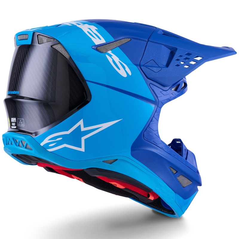 Kask motocrossowy Alpinestars Supertech S-M10 Flood w kolorze niebiesko-perłowo-jasnoniebieskim-czarnym-karbonowym-matowo-błyszczącym