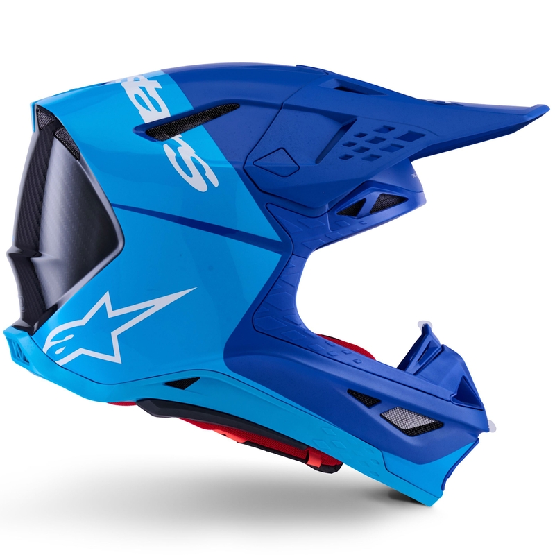 Kask motocrossowy Alpinestars Supertech S-M10 Flood w kolorze niebiesko-perłowo-jasnoniebieskim-czarnym-karbonowym-matowo-błyszczącym