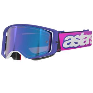 Gogle motocrossowe Alpinestars Supertech Vision Vista w kolorze fioletowo-fluo-różowym z lustrzanymi niebieskimi soczewkami