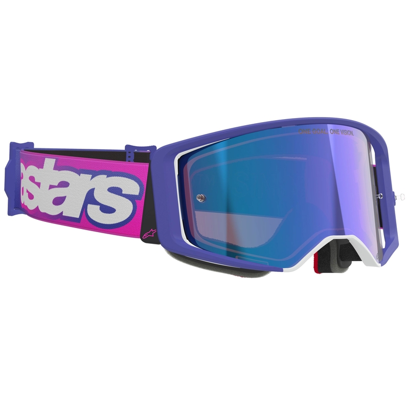 Gogle motocrossowe Alpinestars Supertech Vision Vista w kolorze fioletowo-fluo-różowym z lustrzanymi niebieskimi soczewkami