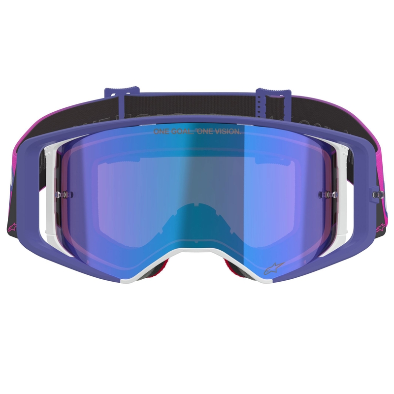 Gogle motocrossowe Alpinestars Supertech Vision Vista w kolorze fioletowo-fluo-różowym z lustrzanymi niebieskimi soczewkami
