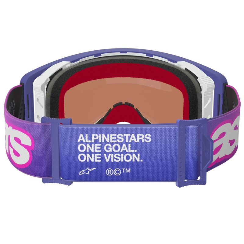 Gogle motocrossowe Alpinestars Supertech Vision Vista w kolorze fioletowo-fluo-różowym z lustrzanymi niebieskimi soczewkami