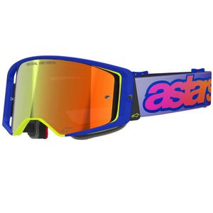 Gogle motocrossowe Alpinestars Supertech Vision Vista w kolorze niebiesko-żółto-fioletowym z lustrzanymi, czerwonymi soczewkami