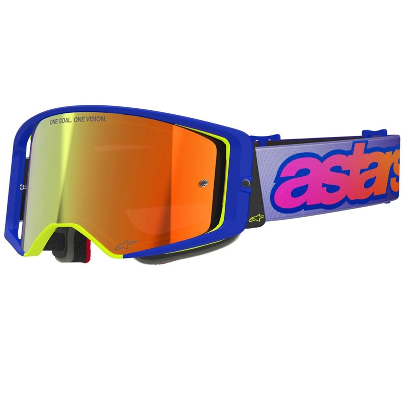 Gogle motocrossowe Alpinestars Supertech Vision Vista w kolorze niebiesko-żółto-fioletowym z lustrzanymi, czerwonymi soczewkami
