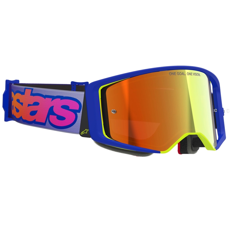 Gogle motocrossowe Alpinestars Supertech Vision Vista w kolorze niebiesko-żółto-fioletowym z lustrzanymi, czerwonymi soczewkami