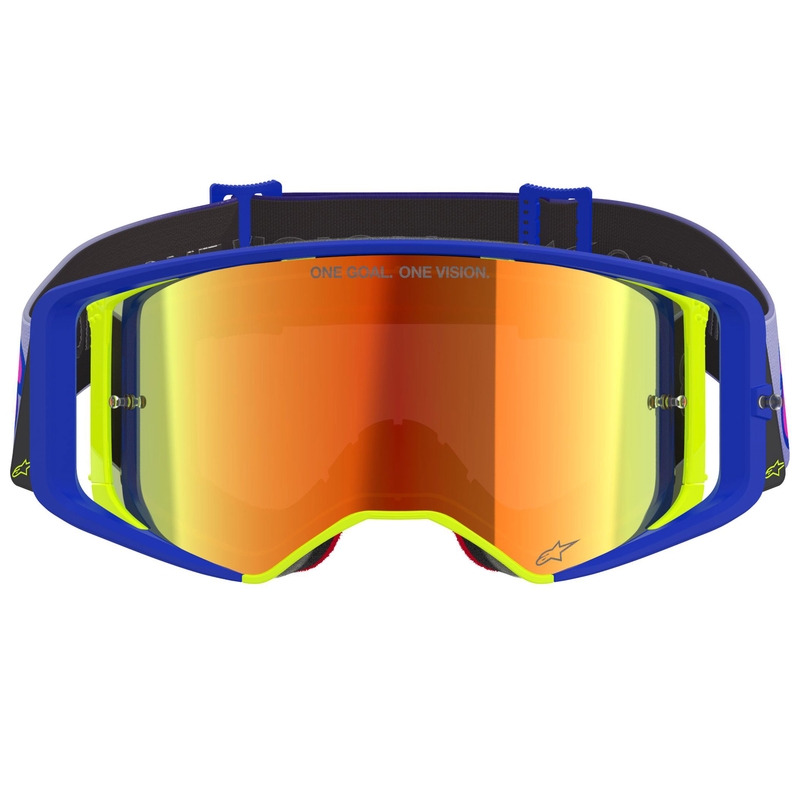 Gogle motocrossowe Alpinestars Supertech Vision Vista w kolorze niebiesko-żółto-fioletowym z lustrzanymi, czerwonymi soczewkami