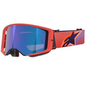 Gogle motocrossowe Alpinestars Supertech Vision Corp w kolorze pomarańczowo-fioletowym z lustrzanymi niebieskimi soczewkami