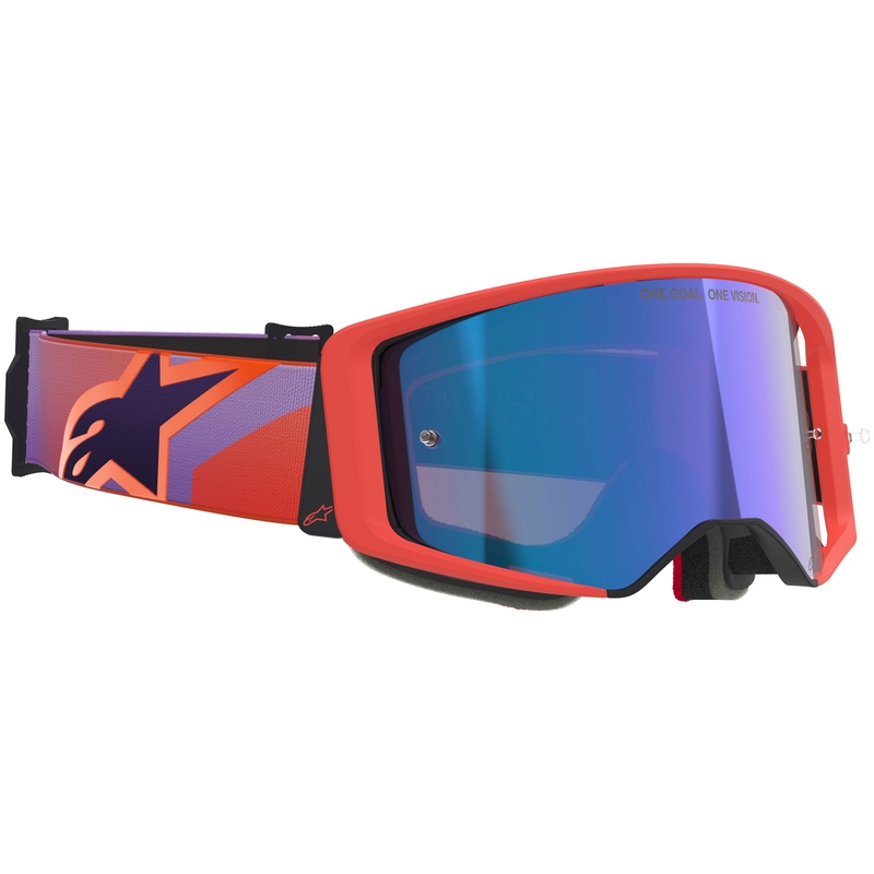 Gogle motocrossowe Alpinestars Supertech Vision Corp w kolorze pomarańczowo-fioletowym z lustrzanymi niebieskimi soczewkami