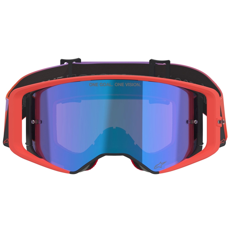 Gogle motocrossowe Alpinestars Supertech Vision Corp w kolorze pomarańczowo-fioletowym z lustrzanymi niebieskimi soczewkami
