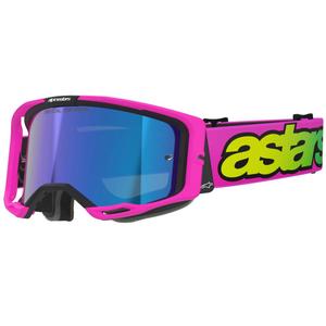Gogle motocrossowe Alpinestars Vision 8 Vista fluo różowo-fluo żółto-zielone z lustrzanymi niebieskimi soczewkami