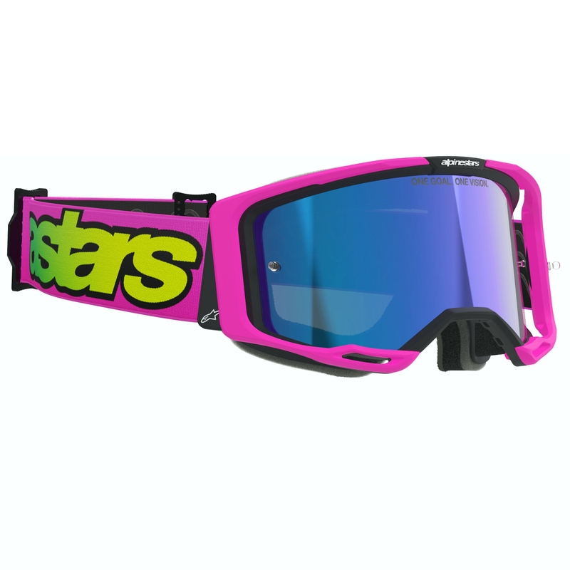 Gogle motocrossowe Alpinestars Vision 8 Vista fluo różowo-fluo żółto-zielone z lustrzanymi niebieskimi soczewkami