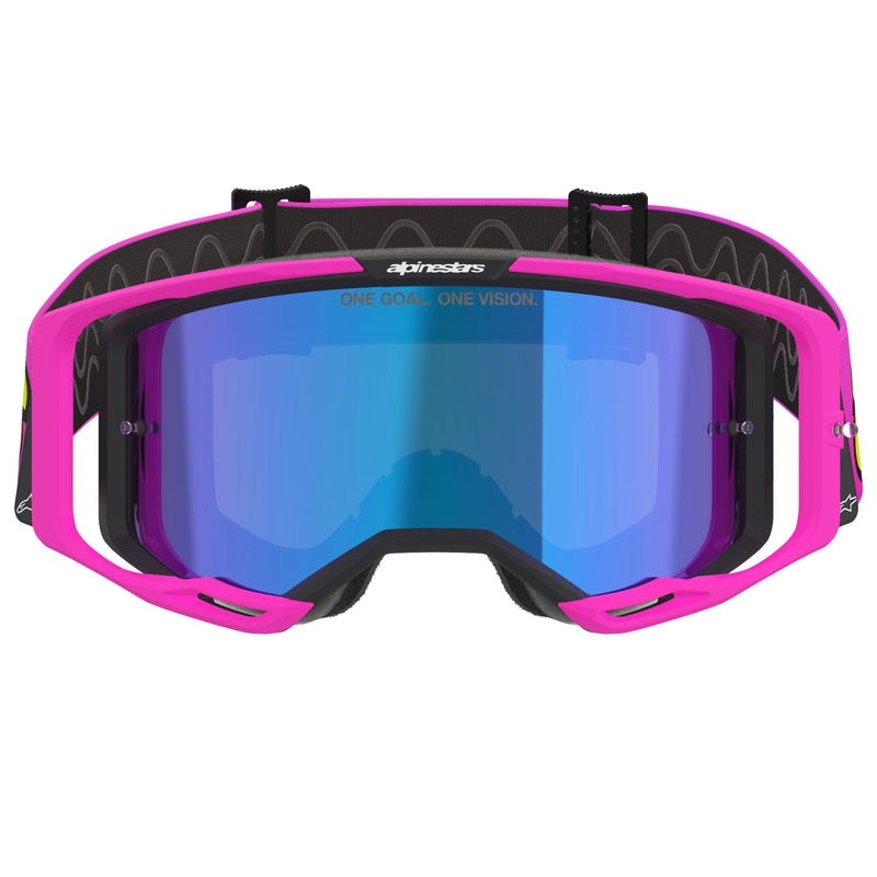 Gogle motocrossowe Alpinestars Vision 8 Vista fluo różowo-fluo żółto-zielone z lustrzanymi niebieskimi soczewkami