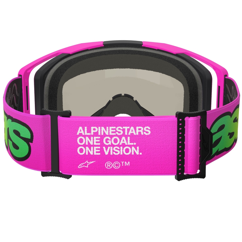 Gogle motocrossowe Alpinestars Vision 8 Vista fluo różowo-fluo żółto-zielone z lustrzanymi niebieskimi soczewkami