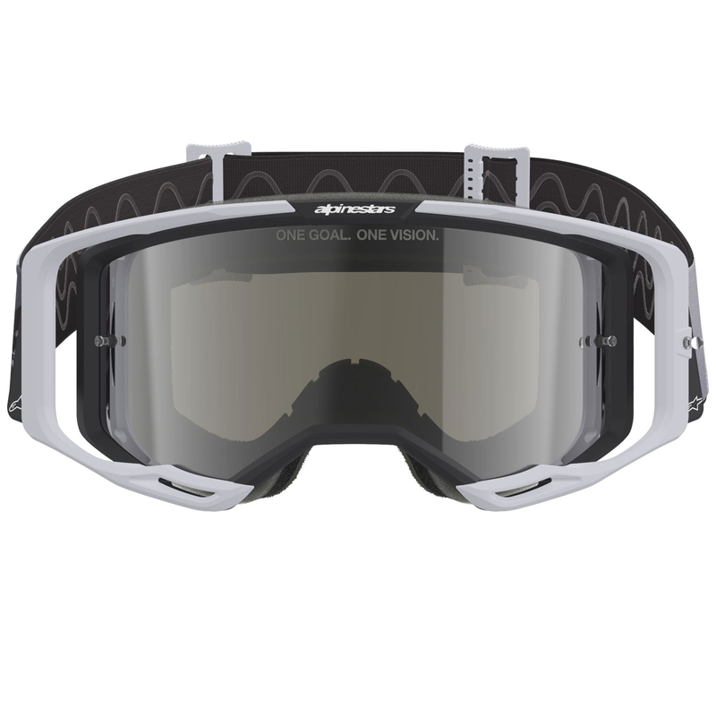 Gogle motocrossowe Alpinestars Supertech Vision 8 Lahnd biało-czarne z lustrzanymi srebrnymi soczewkami