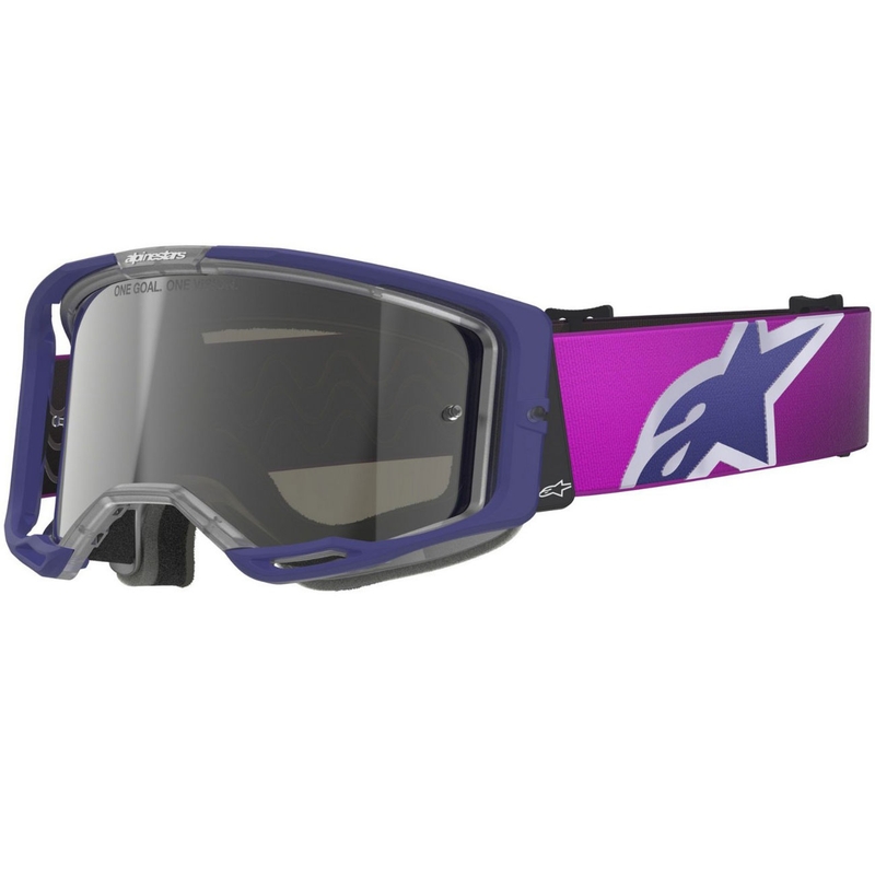 Gogle motocrossowe Alpinestars Vision 8 Corp, fioletowo-przezroczyste, z lustrzanymi srebrnymi soczewkami